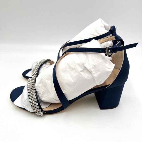 Nina Womens Size 6.5 Nora Navy Satin Jeweled Block‎ Heels Dress Sandals Shoes - Picture 6 of 13